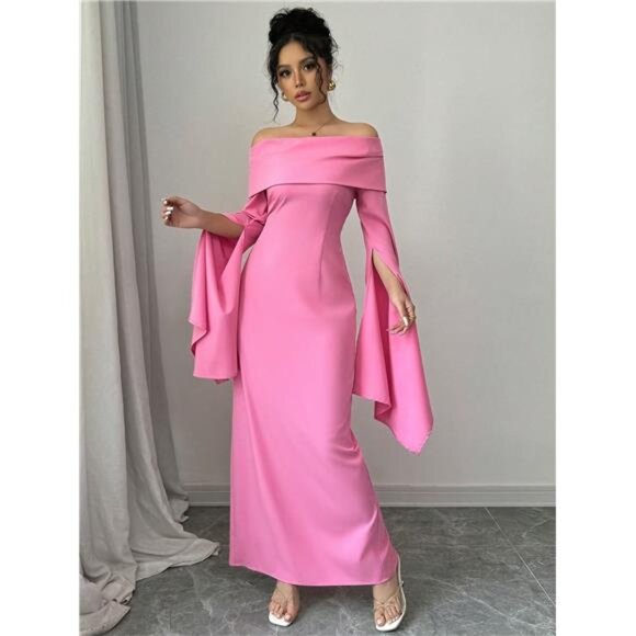Asymmetric Sleeve Ruffle Detail Off-Shoulder Elegant Dress Maxi Women Outfit - Picture 1 of 6